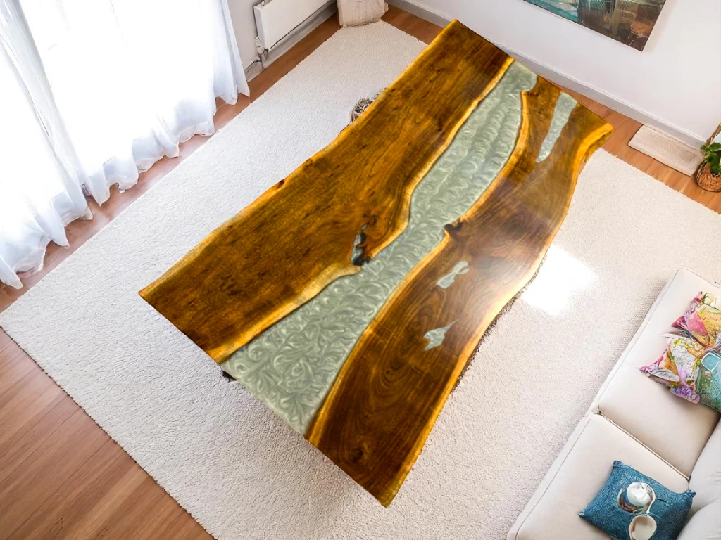 Grey Console Table with Live Edge Natural Acacia Wood Epoxy